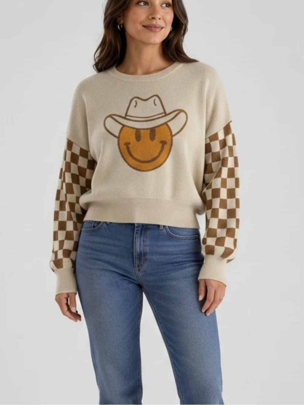 Cowboy Smiley Crewneck Sweater - Cream & Brown